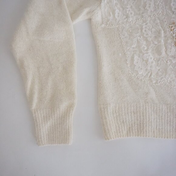 Vintage I.B. Diffusion Cream Silk Wool Lace Beaded Sweater Romantic Old Money L - Picture 7 of 11